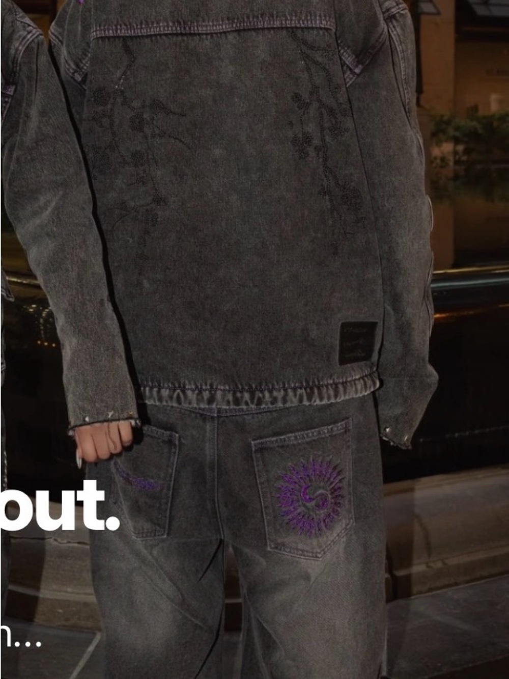 Black Washed Denim Jacket & Jeans Set with Purple Sun Embroidery